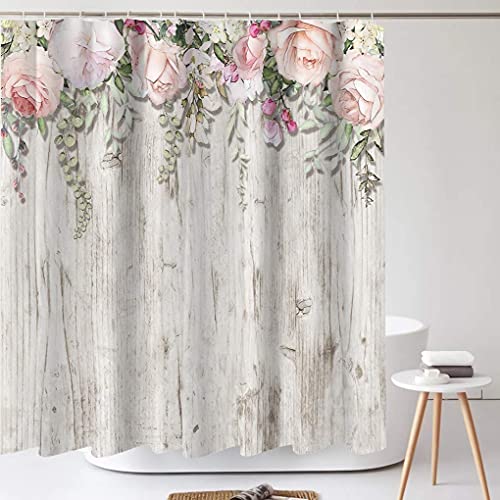 Tititex Pink Roses Flower Shower Curtain Sets, Blossoming Floral on Rutic Grey Wood Bathroom Decorative 70 X 70 Inch Polyester Waterproof Fabric Bathroom Curtain with Hooks - Image 2