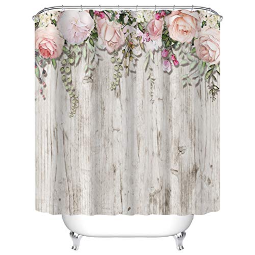 Tititex Pink Roses Flower Shower Curtain Sets, Blossoming Floral on Rutic Grey Wood Bathroom Decorative 70 X 70 Inch Polyester Waterproof Fabric Bathroom Curtain with Hooks - Image 3