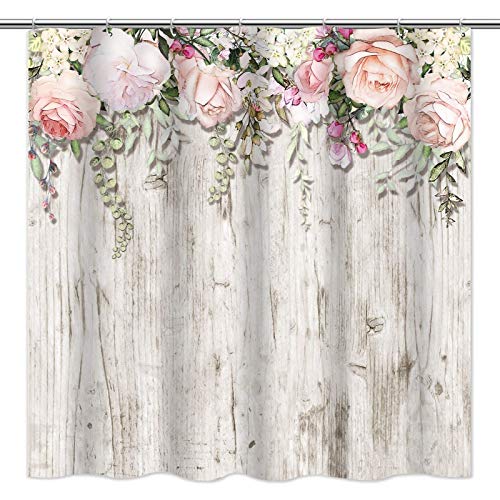 Tititex Pink Roses Flower Shower Curtain Sets, Blossoming Floral on Rutic Grey Wood Bathroom Decorative 70 X 70 Inch Polyester Waterproof Fabric Bathroom Curtain with Hooks - Image 4