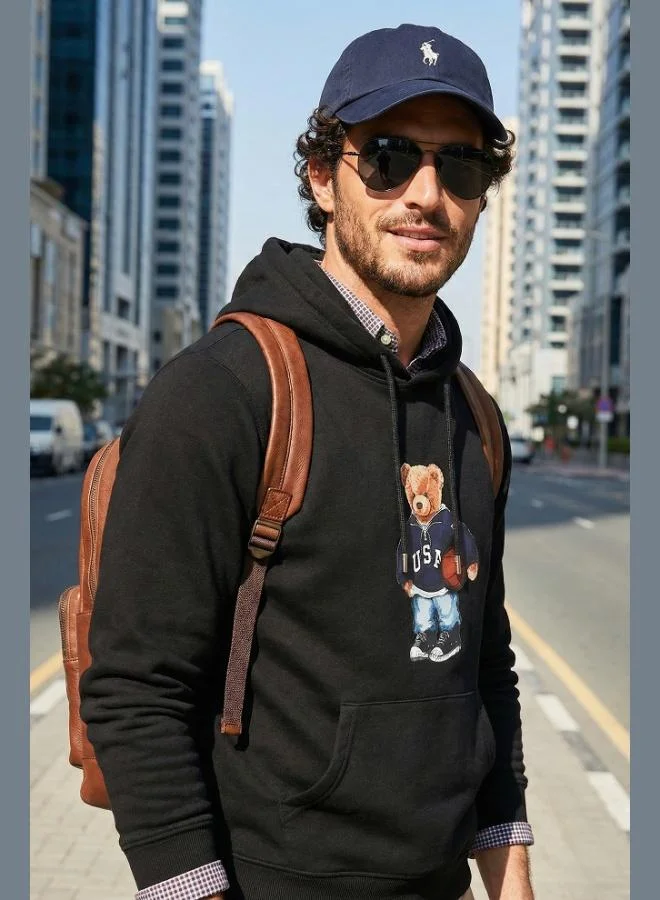 بوراتي سويت شيرت بغطاء رأس قطني مطبوع من بوراتي بجيوب كنغر للرجال