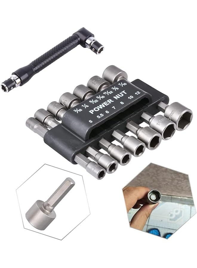 promass 14Pcs Nut Driver Bit, 5-12mm Hex Shank Socket, Socket Nut Driver Set, Impact Driver Socket Adapter Metric Hand Drill, Electric Screwdriver, Wrench (With L-Shaped Handle) - Image 1