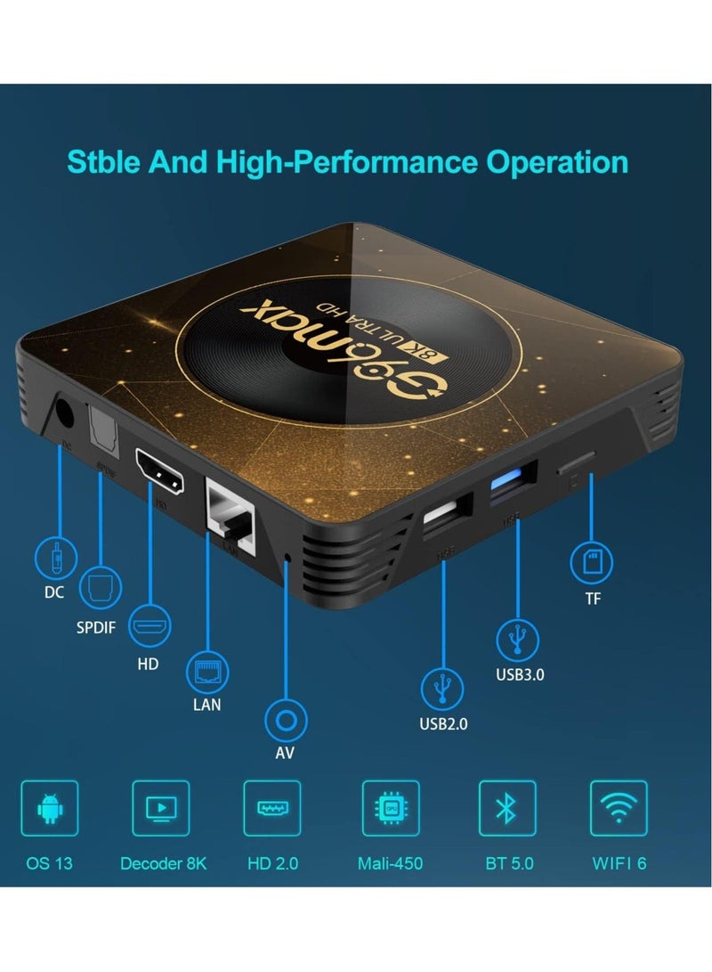 جهاز G96 Max Smart TV Box بنظام Android 13 - ذاكرة وصول عشوائي (RAM) سعة 4 جيجابايت، وذاكرة تخزين (ROM) سعة 64 جيجابايت، ودقة 8K Ultra HD، مع دعم WiFi 6 وBluetooth 5.0 ومنفذ HDMI وجهاز تحكم عن بُعد لبث المحتوى على التلفزيون الذكي. - Image 2