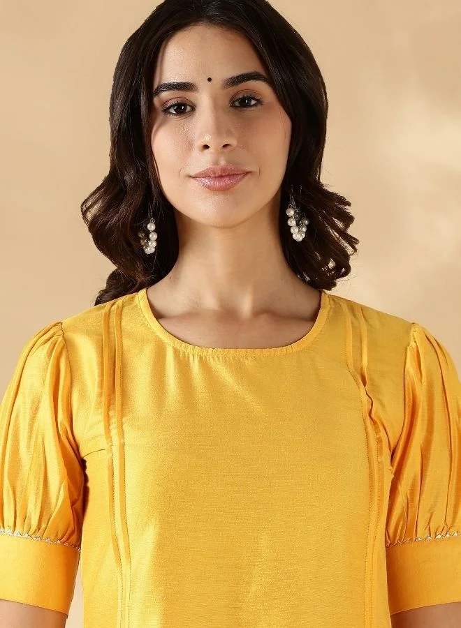 أبهشتي Bright yellow solid round neck kurta pant set with short puff sleeves