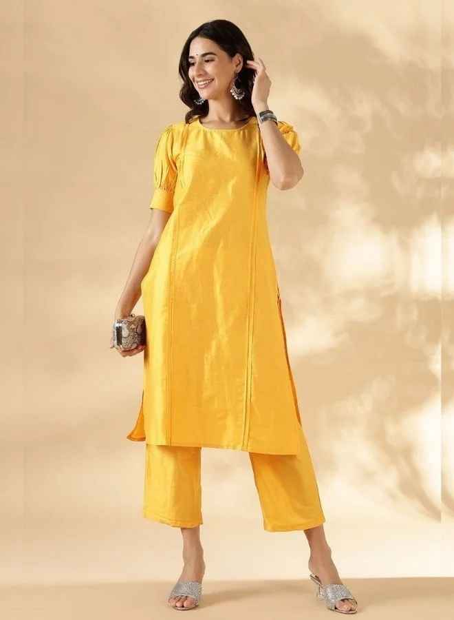 أبهشتي Bright yellow solid round neck kurta pant set with short puff sleeves