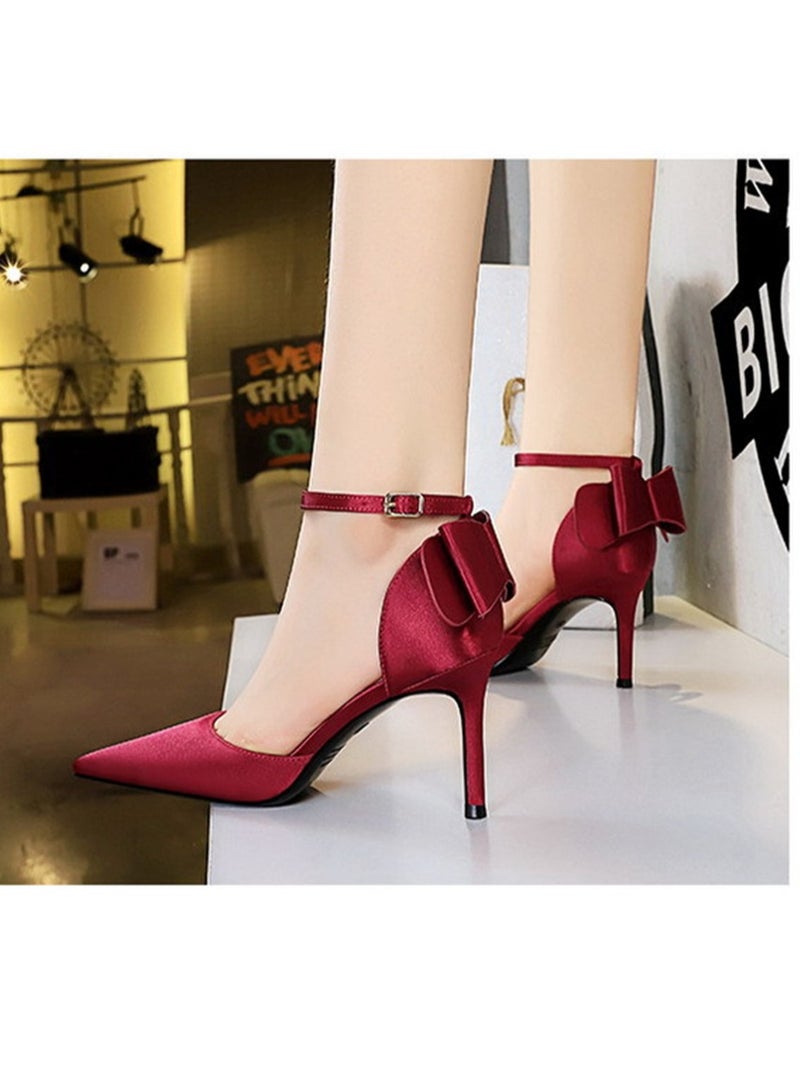 BIGTREE 7.5cm Elegant High Heels Satin Hollow Shallow Mouth Pointed Line With Hollow Bow Bow Women's Shoes Nave Red - Image 2