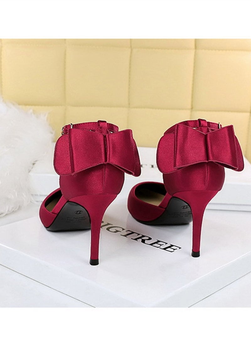 BIGTREE 7.5cm Elegant High Heels Satin Hollow Shallow Mouth Pointed Line With Hollow Bow Bow Women's Shoes Nave Red - Image 3