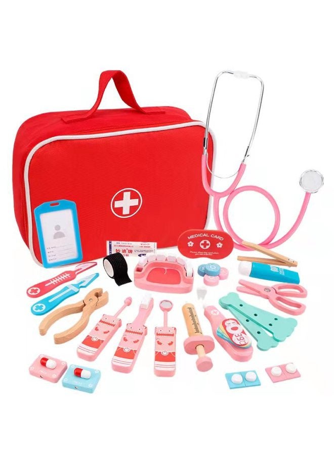 Wooden Baby Children's Medical Tools Play House Simulation Doctor Toy Set Girl Nurse Bag Doctor Toy-Color:Interesting Bag D (powder) - Image 1