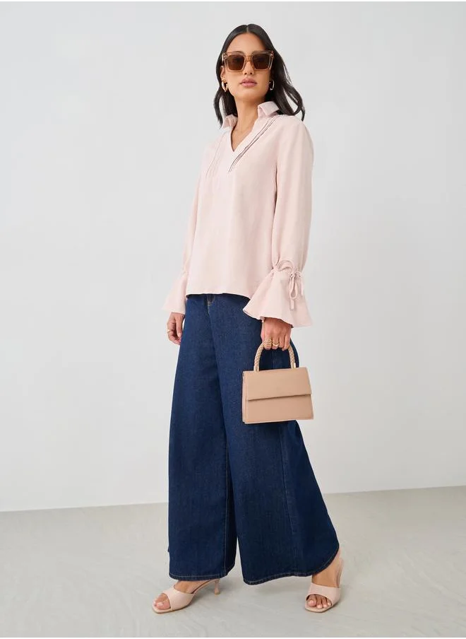 Styli Styli Solid Flute Sleeves Regular Fit Popover Shirt with Pintuck Detail