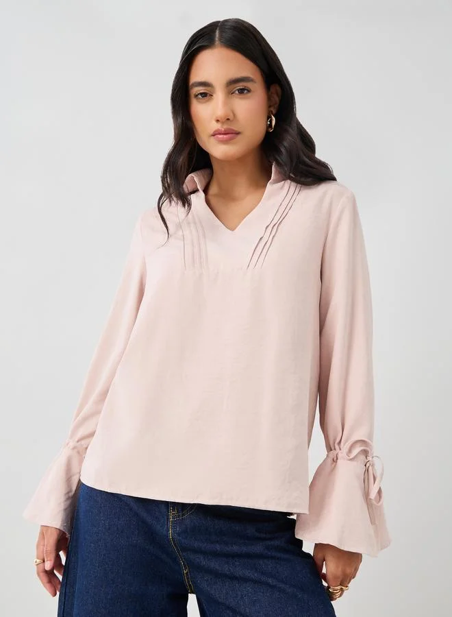 Styli Styli Solid Flute Sleeves Regular Fit Popover Shirt with Pintuck Detail