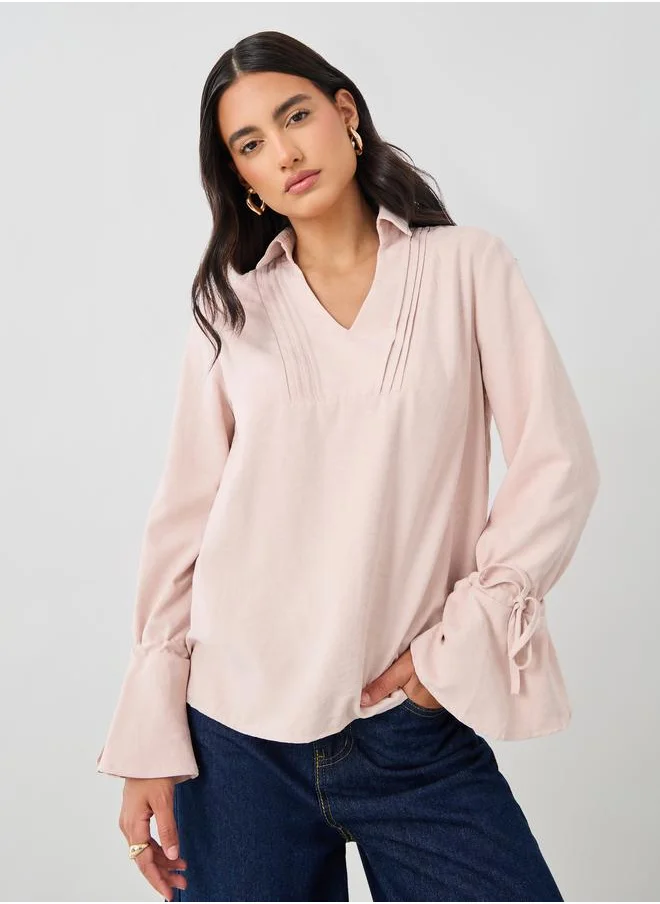 Styli Styli Solid Flute Sleeves Regular Fit Popover Shirt with Pintuck Detail