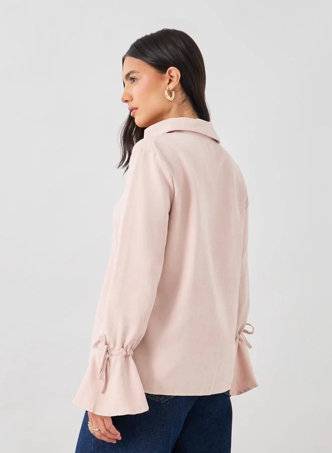 Styli Styli Solid Flute Sleeves Regular Fit Popover Shirt with Pintuck Detail