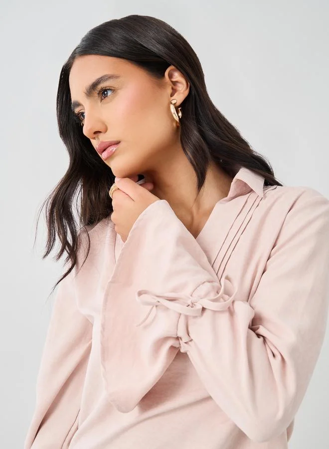 Styli Styli Solid Flute Sleeves Regular Fit Popover Shirt with Pintuck Detail