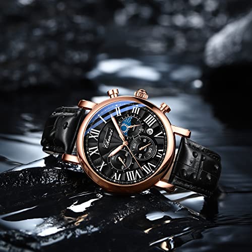 FANMIS Men's Classic Multifunctional Military Sports Analog Watch Business Dress Waterproof Luminous Chronograph Starry Sky Moon Phase Leather Wristwatch (X Black Rose) - Image 3