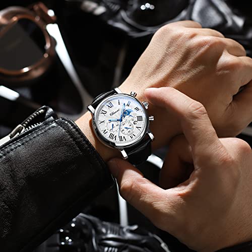 FANMIS Men's Classic Multifunctional Military Sports Analog Watch Business Dress Waterproof Luminous Chronograph Starry Sky Moon Phase Leather Wristwatch (X Black Rose) - Image 5