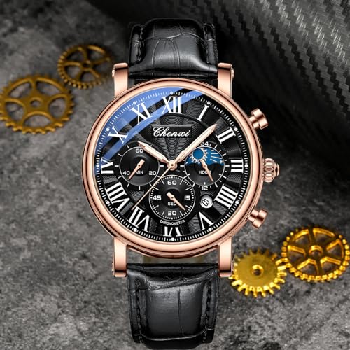 FANMIS Men's Classic Multifunctional Military Sports Analog Watch Business Dress Waterproof Luminous Chronograph Starry Sky Moon Phase Leather Wristwatch (X Black Rose) - Image 2