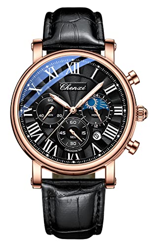 FANMIS Men's Classic Multifunctional Military Sports Analog Watch Business Dress Waterproof Luminous Chronograph Starry Sky Moon Phase Leather Wristwatch (X Black Rose) - Image 1