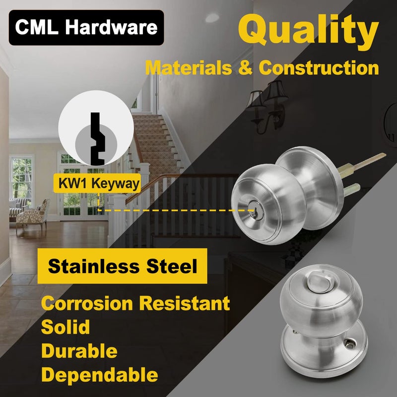 Cml Hardware (3 Pack) Keyed Alike Entry Door Knob  Exterior Door Lock With Same Keys In Solid Stainless Steel For Entrance And Front Door  Round Ball Handle - Image 3