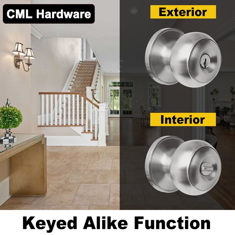 Cml Hardware (3 Pack) Keyed Alike Entry Door Knob  Exterior Door Lock With Same Keys In Solid Stainless Steel For Entrance And Front Door  Round Ball Handle - Image 2