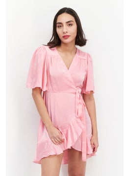 Women Plain Satin Wrap Mini Dress, Pink