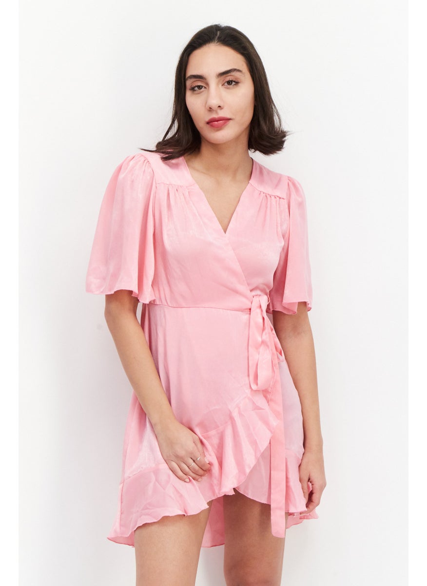 Flounce London - Women Plain Satin Wrap Mini Dress, Pink - Image 1