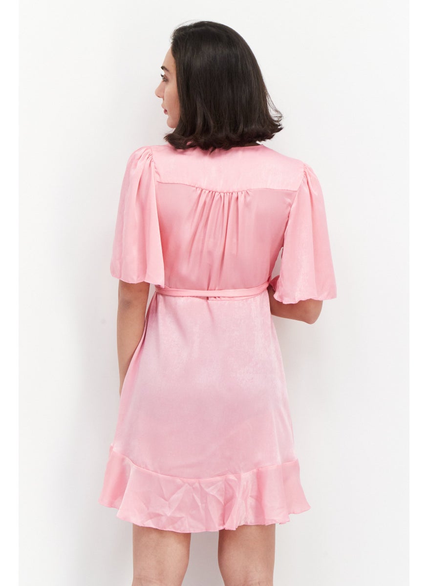 Flounce London - Women Plain Satin Wrap Mini Dress, Pink - Image 1