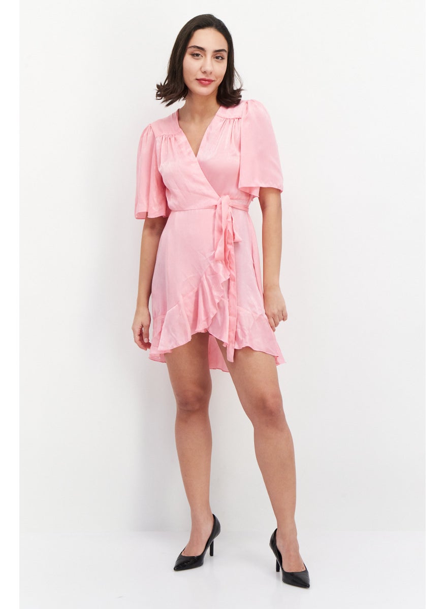 Flounce London - Women Plain Satin Wrap Mini Dress, Pink - Image 1