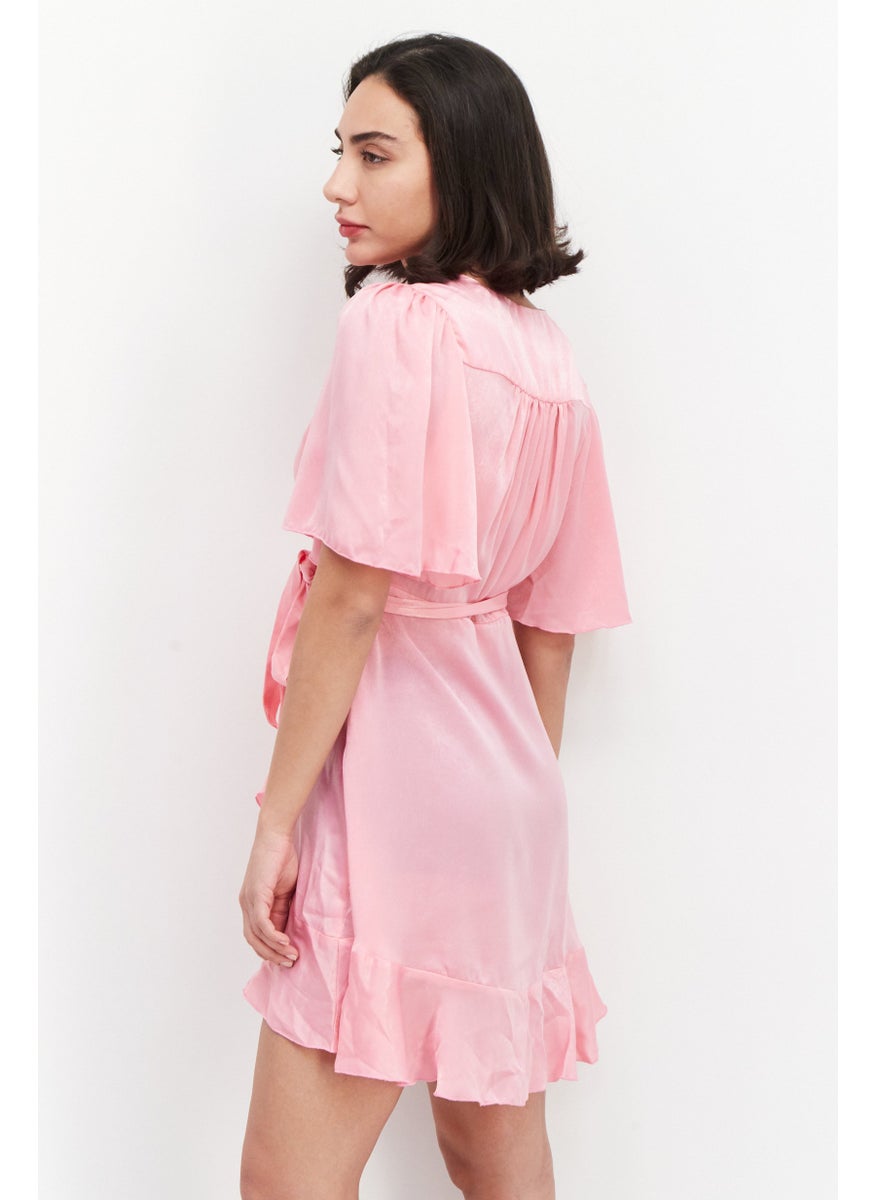 Flounce London - Women Plain Satin Wrap Mini Dress, Pink - Image 1