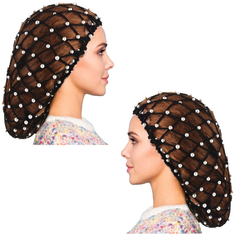 MTLEE 2 Pcs Black Mesh Crochet Pearl Hair Snood Rayon Knit Crocheted Sleeping Cap Net for Women Long Curly Hair - Image 1