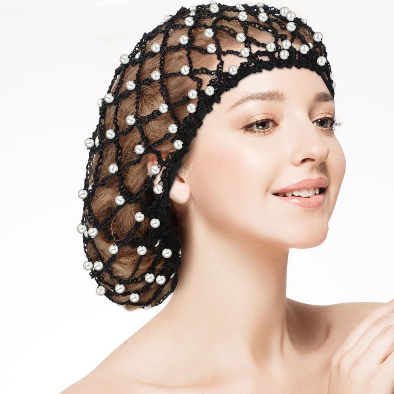 MTLEE 2 Pcs Black Mesh Crochet Pearl Hair Snood Rayon Knit Crocheted Sleeping Cap Net for Women Long Curly Hair - Image 3