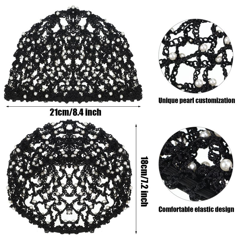 MTLEE 2 Pcs Black Mesh Crochet Pearl Hair Snood Rayon Knit Crocheted Sleeping Cap Net for Women Long Curly Hair - Image 2