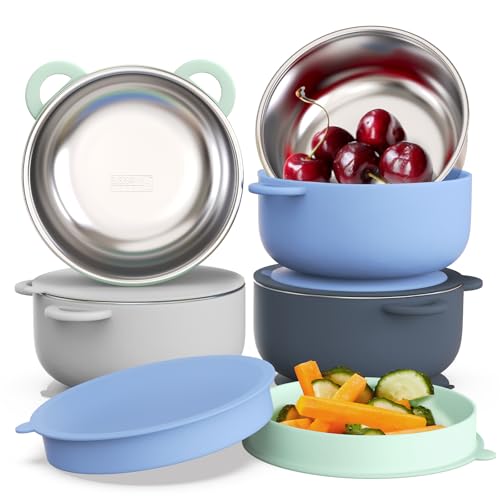 Bakpoco Baby Suction Bowls with Lids 4-Pack, 2-in-1 Stainless Steel 304 Toddler Bowl & Removable Silicone Suction Kids Bowl Plate Set Non Toxic Snack Dishes for Self-Feeding, Ocean Explorer Set - Image 1
