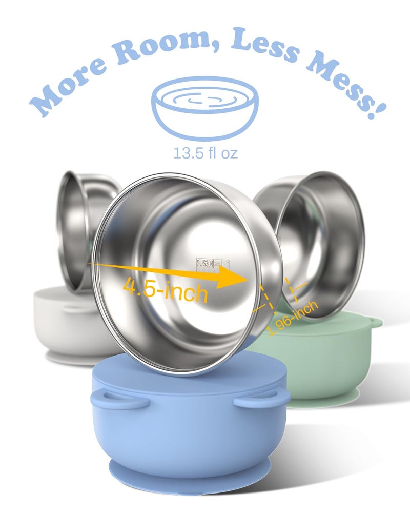 Bakpoco Baby Suction Bowls with Lids 4-Pack, 2-in-1 Stainless Steel 304 Toddler Bowl & Removable Silicone Suction Kids Bowl Plate Set Non Toxic Snack Dishes for Self-Feeding, Ocean Explorer Set - Image 3