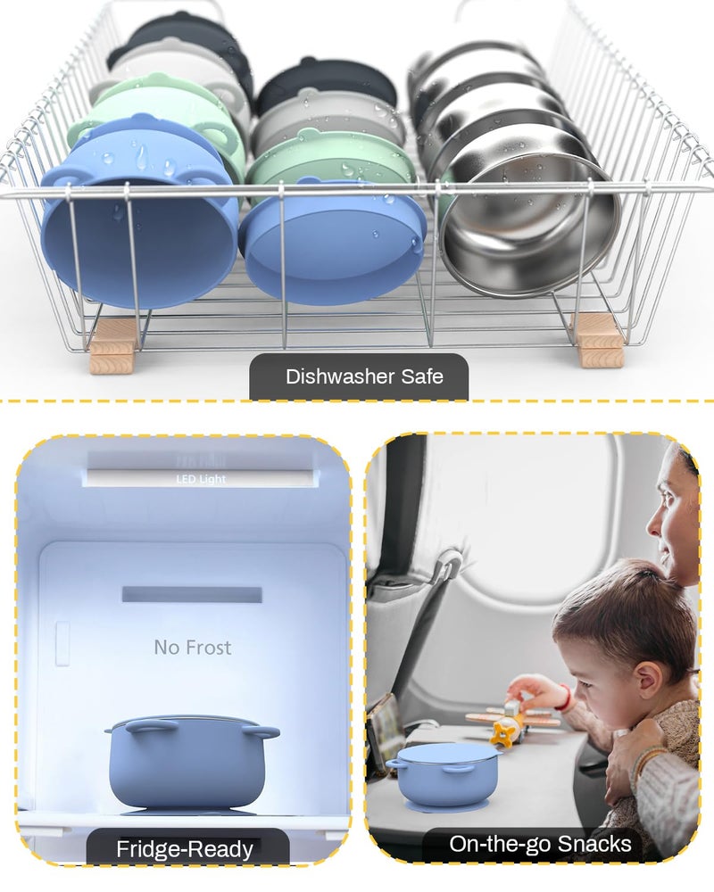 Bakpoco Baby Suction Bowls with Lids 4-Pack, 2-in-1 Stainless Steel 304 Toddler Bowl & Removable Silicone Suction Kids Bowl Plate Set Non Toxic Snack Dishes for Self-Feeding, Ocean Explorer Set - Image 5