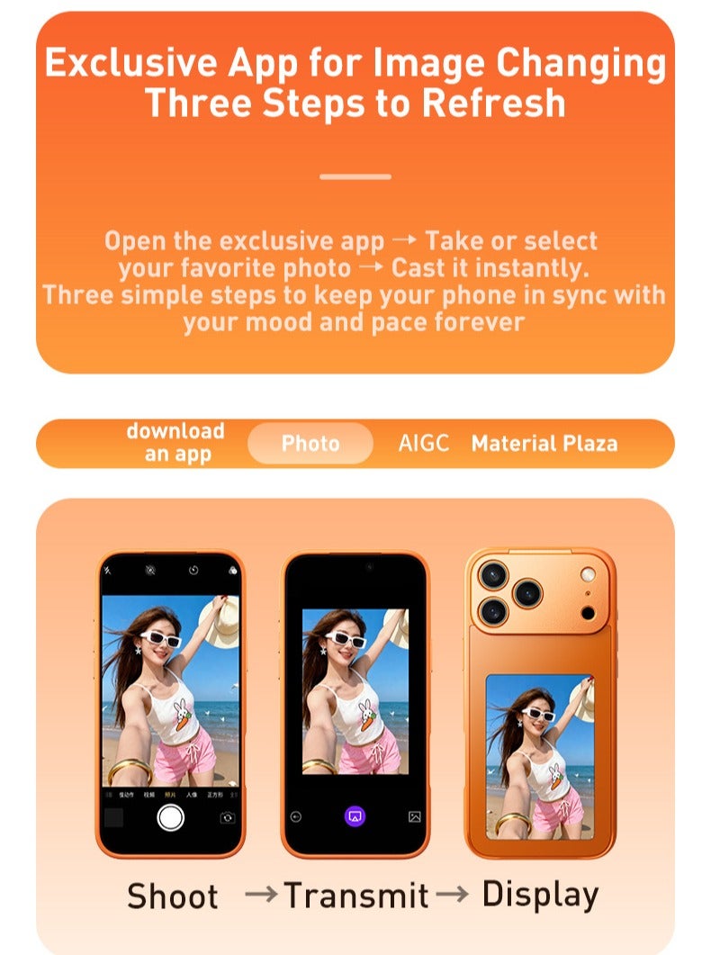 حافظة حماية ذكية بشاشة حبر إلكتروني (E-Ink) لهاتف iPhone 17، شاشة عالية الدقة 4.0 بوصة مع NFC، تدعم تخصيص الصور DIY (برتقالي) - Image 4