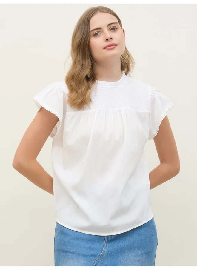 Styli Styli Regular Fit Round Neck Top with Smocked Detail