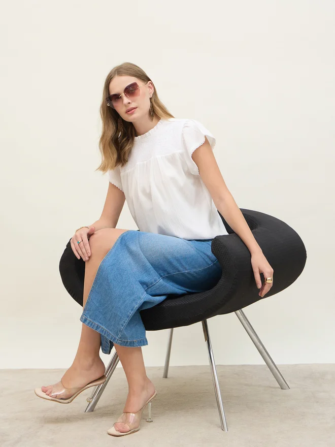 Styli Styli Regular Fit Round Neck Top with Smocked Detail