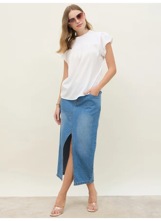 Styli Styli Regular Fit Round Neck Top with Smocked Detail