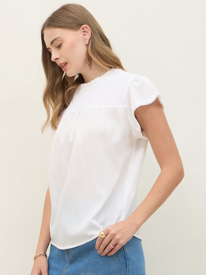 Styli Styli Regular Fit Round Neck Top with Smocked Detail  - Image 3