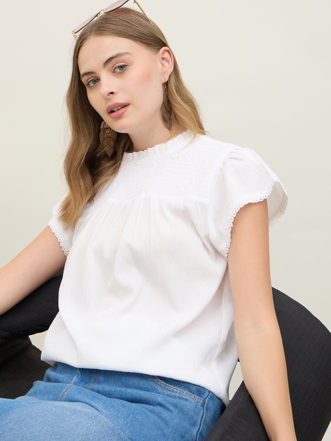 Styli Styli Regular Fit Round Neck Top with Smocked Detail  - Image 4