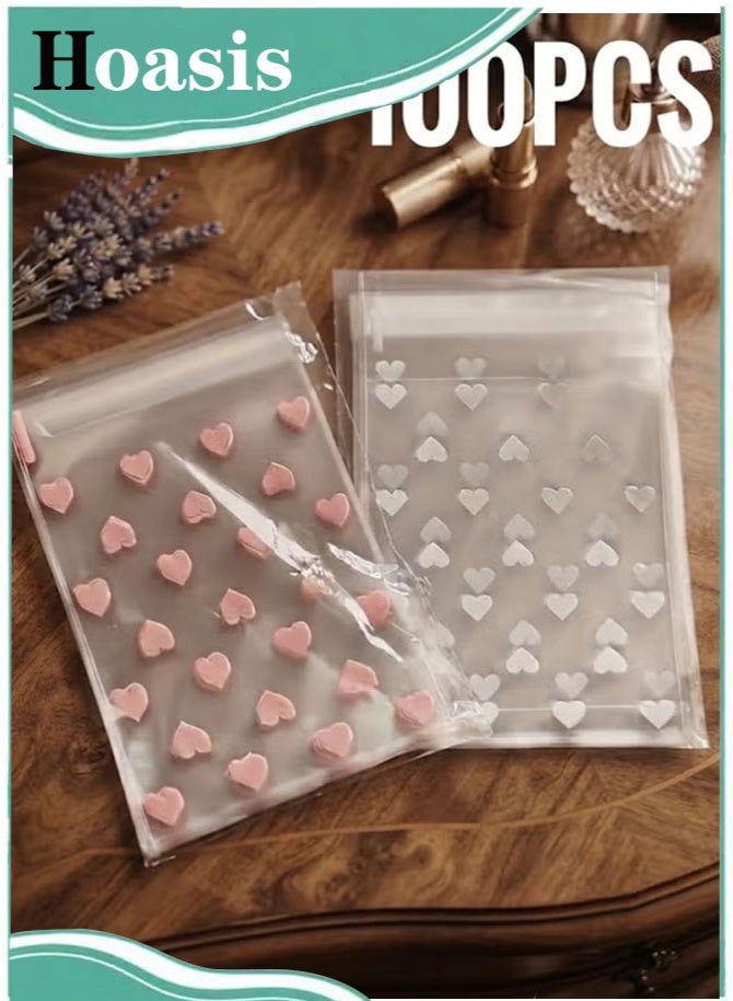 Hoasis 100 Pcs Resealable Cookie Snack Bags, Self-Adhesive Food-Grade PE Bags with Pink & White Heart Frosted Pattern, Cute Self-Sealing Treat Bags for Baking, Candy, Party Favors & Gift Packaging, 10x8cm - Image 1