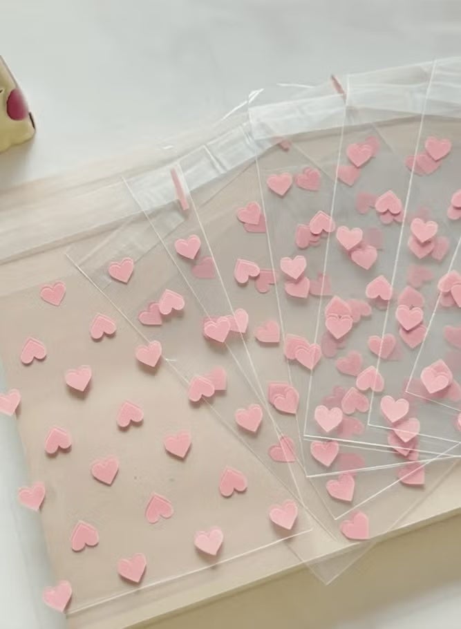 Hoasis 100 Pcs Resealable Cookie Snack Bags, Self-Adhesive Food-Grade PE Bags with Pink & White Heart Frosted Pattern, Cute Self-Sealing Treat Bags for Baking, Candy, Party Favors & Gift Packaging, 10x8cm - Image 5