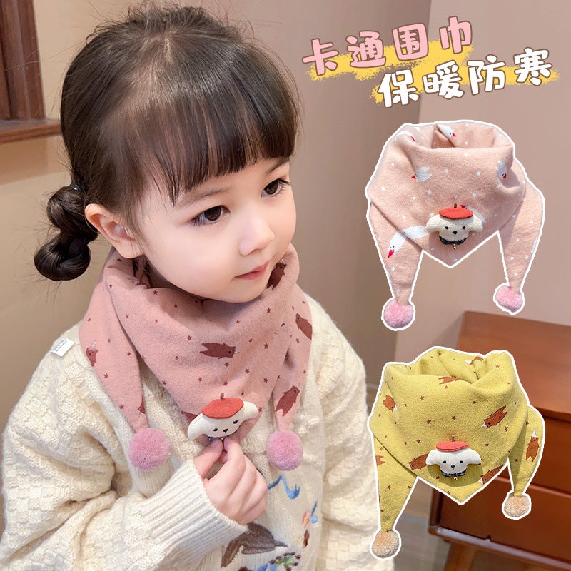 Kids Cartoon Warm Triangle Scarf 4#Tender pink + yellow 2-piece set 