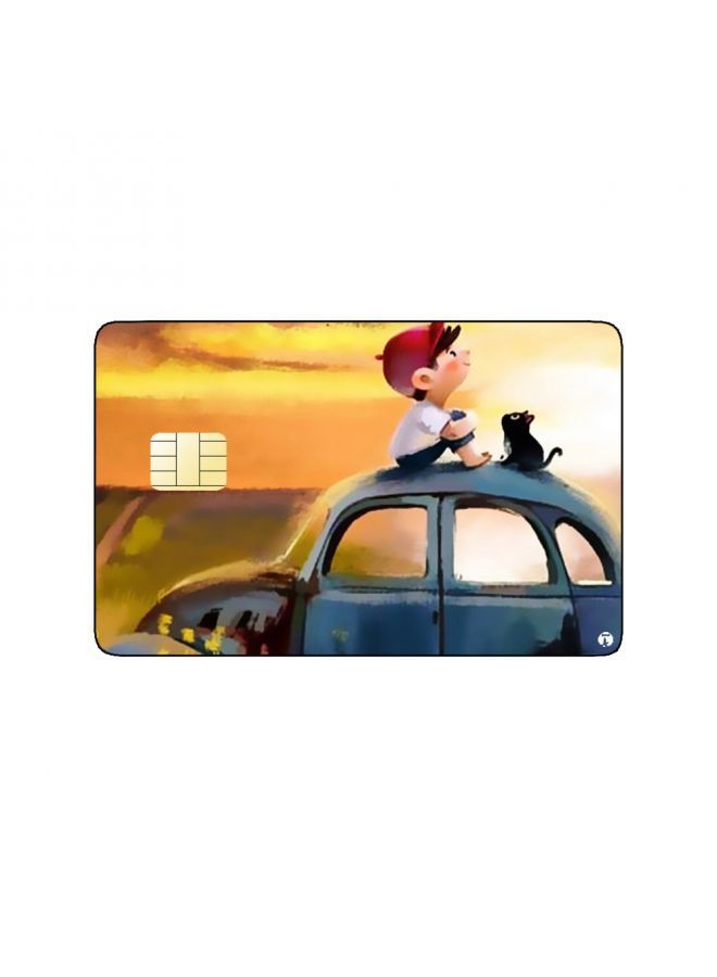 RKN PRINTED BANK CARD STICKER Cute Boy Drawing With Black Cat On A Car - Image 1