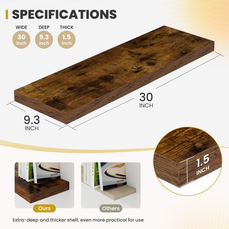 Acovy 30 Inch Floating Shelves, 9.3" Deep Floating Shelf Wall Mounted, 30" Wall Shelves, Rustic Deep Bookshelf, Large Display Shelves & Storage Shelves for Bedroom, Living Room, Brown, Set of 2 - Image 5