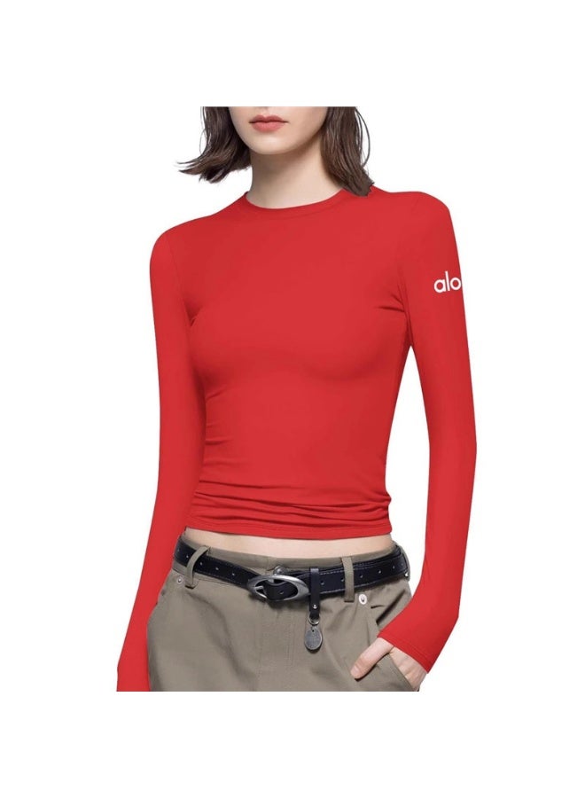 Alo Yoga Solid Color Crew Neck Long Sleeve T-Shirt - Versatile and Stylish