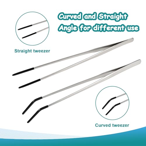 aesxniy 2 Pack Extra Long Stainless Steel Reptile Feeding Tongs with Rubber Tip - 10.6" Straight And Curved Long Tweezers for Aquariums, Feeder for Beard Dragons, Lizard and Snakes (Silver) - Image 2