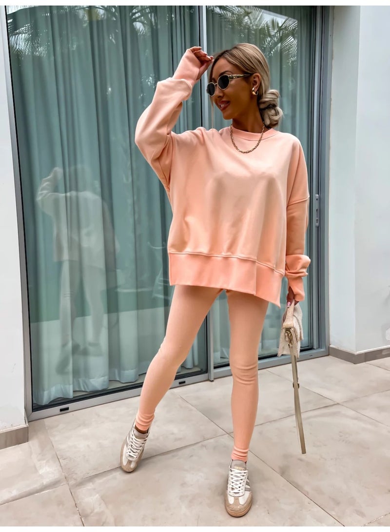 NIBEMINENT Women Sweatshirt 2 Piece Set Loose Casual Pullovers  Slit O-neck Tops Yoga Ribbed Leggings Fashion Street Outfits - Image 1