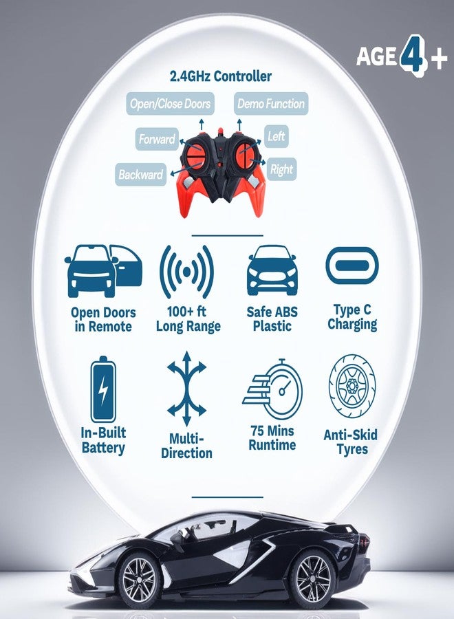 Popsugar Door Opening Remote Control Car|Rechargeable 1200mAh Lithium Battery|C-Type Charging|75-Min Runtime|2.4G Long Range Remote (100+ ft)|HighSpeed RC Car|Gift for Kids|Made in India (Black) - Image 2
