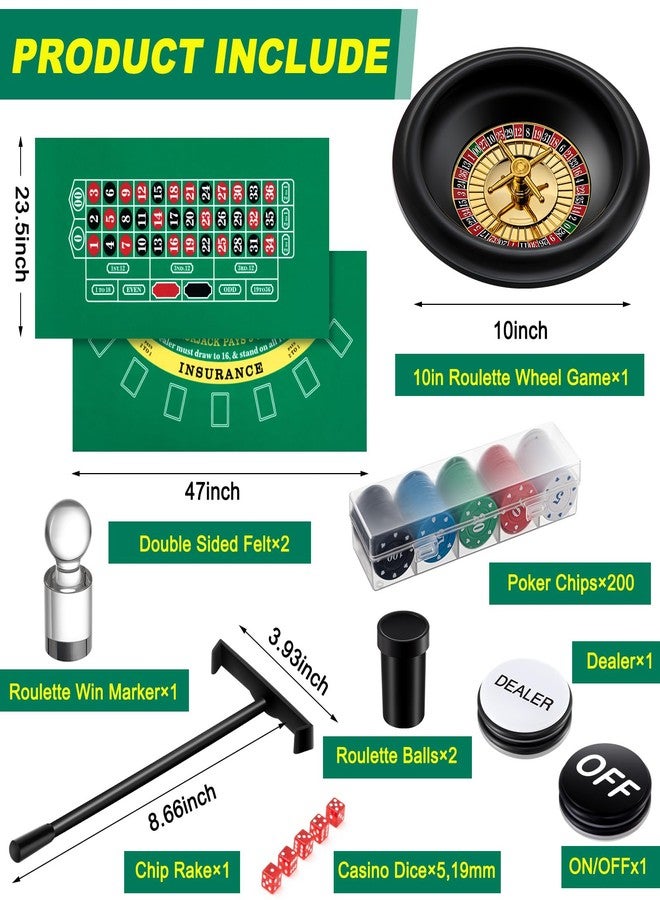 Lunmon Casino Night 4 in 1 Complete Game Set, 2 Double Sided Felts Layout Mat, 10" Roulette Wheel, 200 Chips, Rake, 19 mm Dice, On/Off Dealer Button, Win Marker for Blackjack Craps Texas Holdem Party - Image 2