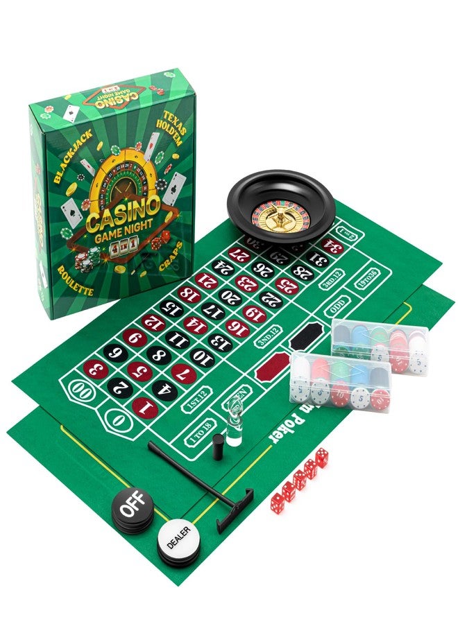 Lunmon Casino Night 4 in 1 Complete Game Set, 2 Double Sided Felts Layout Mat, 10" Roulette Wheel, 200 Chips, Rake, 19 mm Dice, On/Off Dealer Button, Win Marker for Blackjack Craps Texas Holdem Party - Image 1